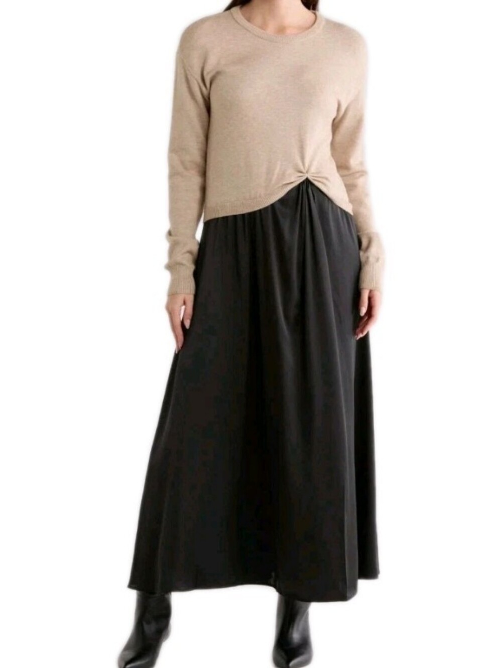 Ellen Tracy Size Medium Long Sleeve Mixed Media Rib& Satin Maxi Dress Msrp $149